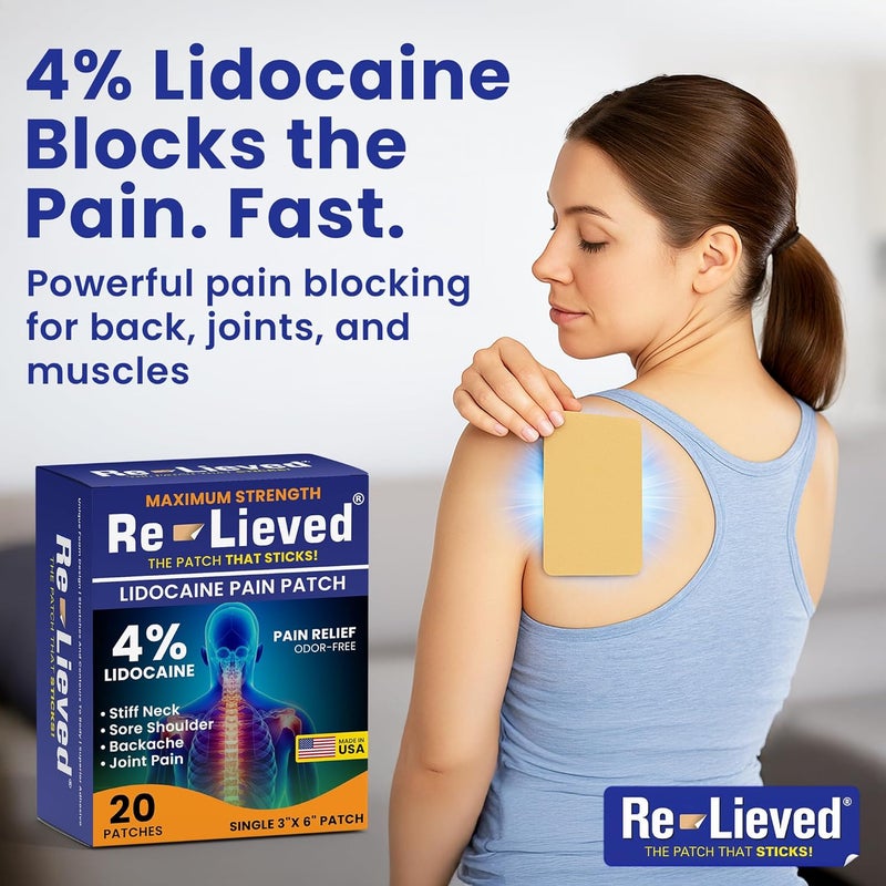 Relieved 4% Lidocaine Patches Maximum Strength - Aluminum-Free, Water Resistant and USA Made -Superior Sticking Pain Relief Patches Quickly Relieves Back, Joints and Muscle Pain-3x6 Inches (20 Count) - Image 4